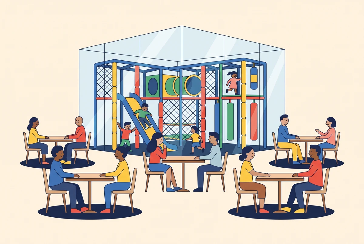 Comedor de restaurante con el área de juegos a la vista de todas las mesas