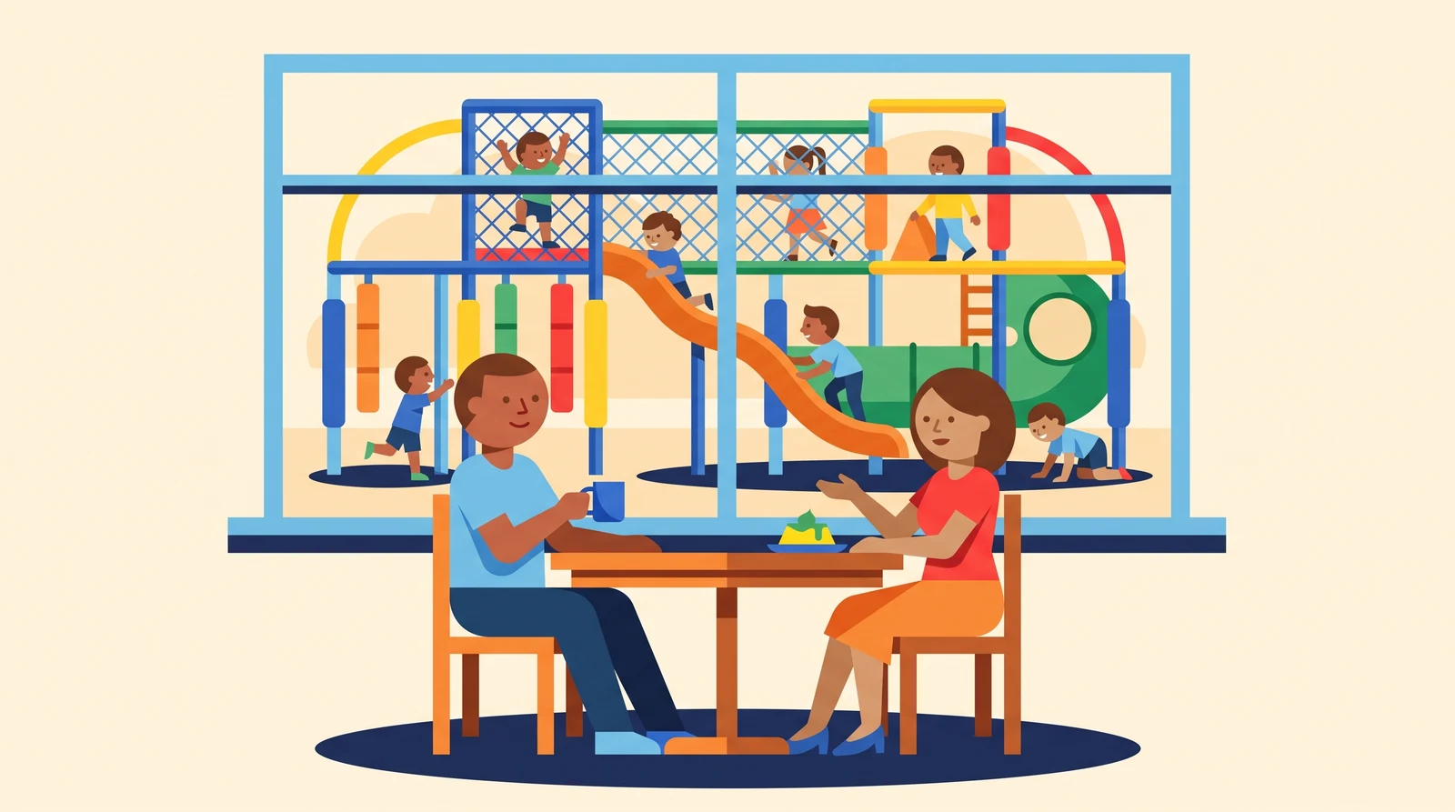 Papás tranquilos tomando café en un restaurante mientras sus hijos juegan al fondo