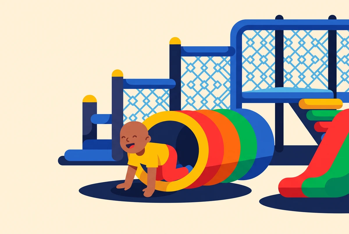 Un niño sale riendo de un túnel acolchado de colores