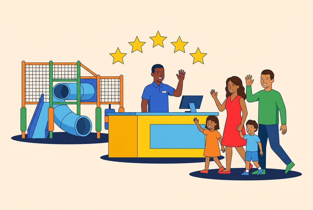 Un gerente se despide de una familia contenta, con cinco estrellas de buenas reseñas