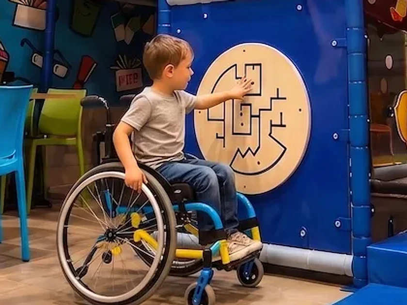 Niño en silla de ruedas jugando con un panel interactivo