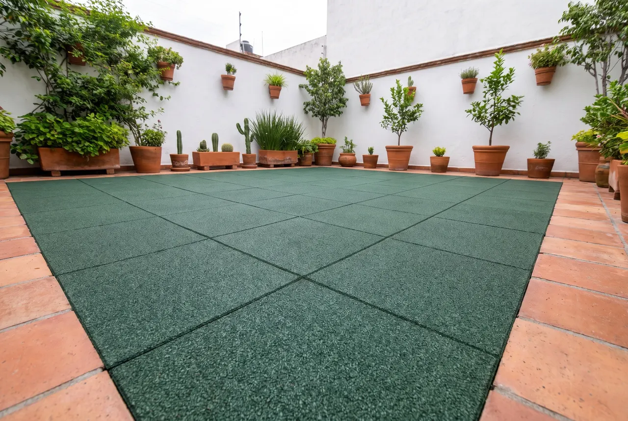 Patio con piso de seguridad de caucho verde